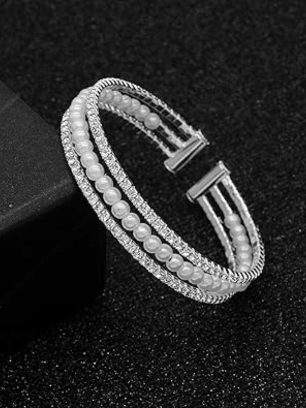 Rhinestone's and Pearls Cuff Bracelet for Women‎ Silver Tone Wedding Prom Party